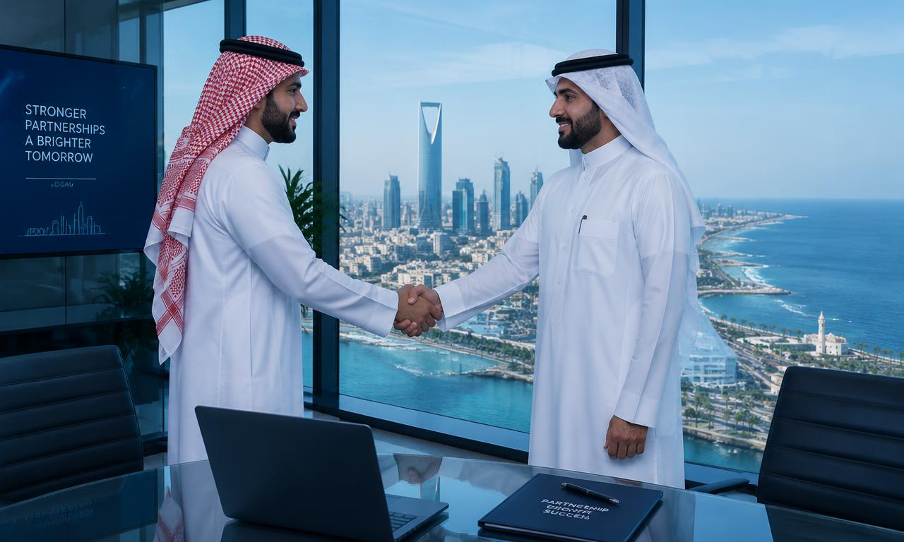 Saudi partners shaking hands overlooking Jeddah