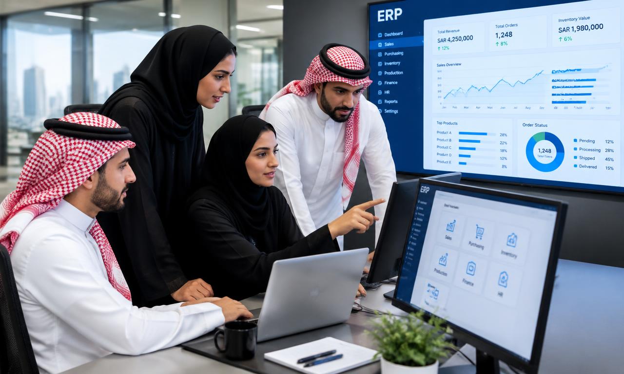 Saudi team reviewing an ERP dashboard